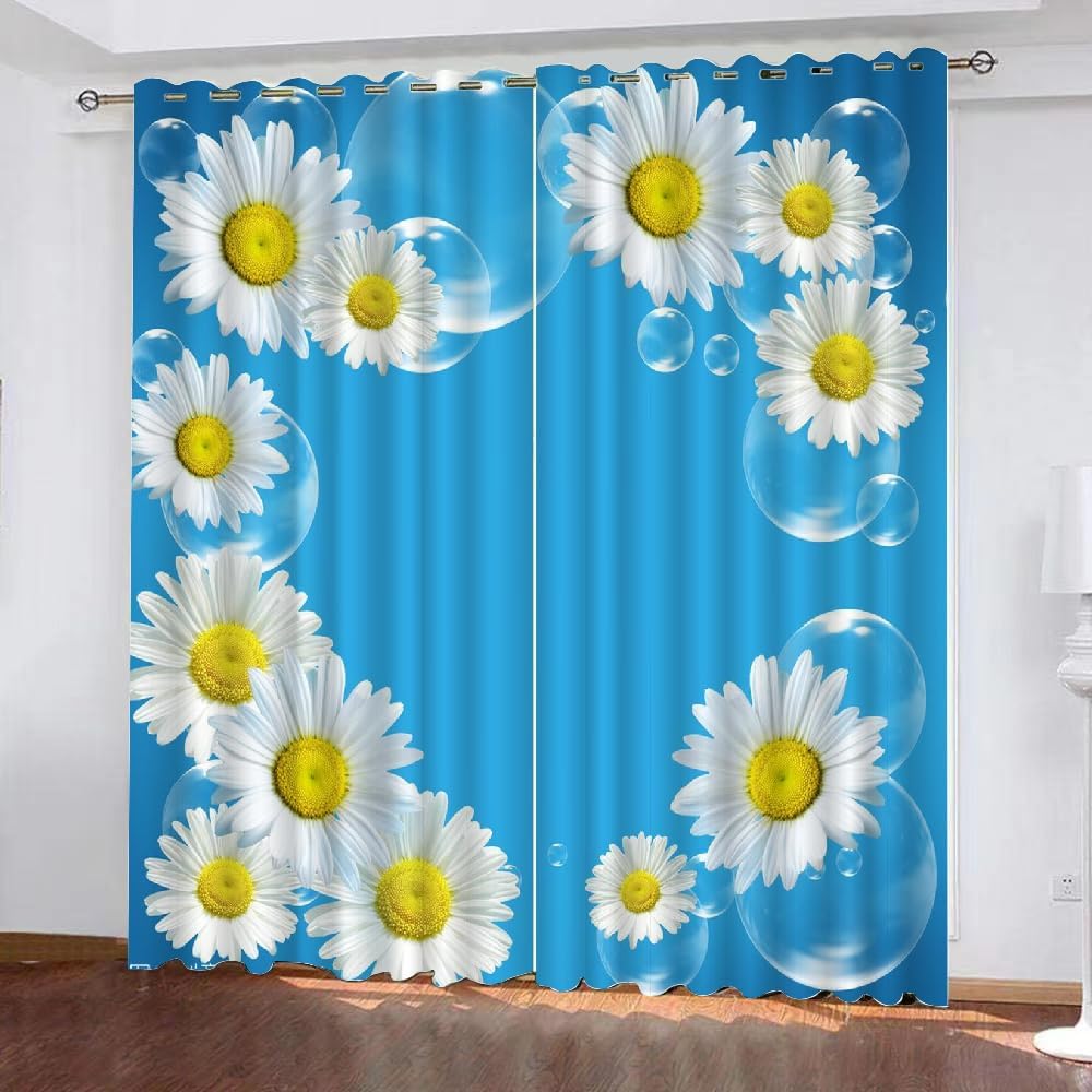 Transparent Bubble Daisy Blackout Curtains, Blue Sky White