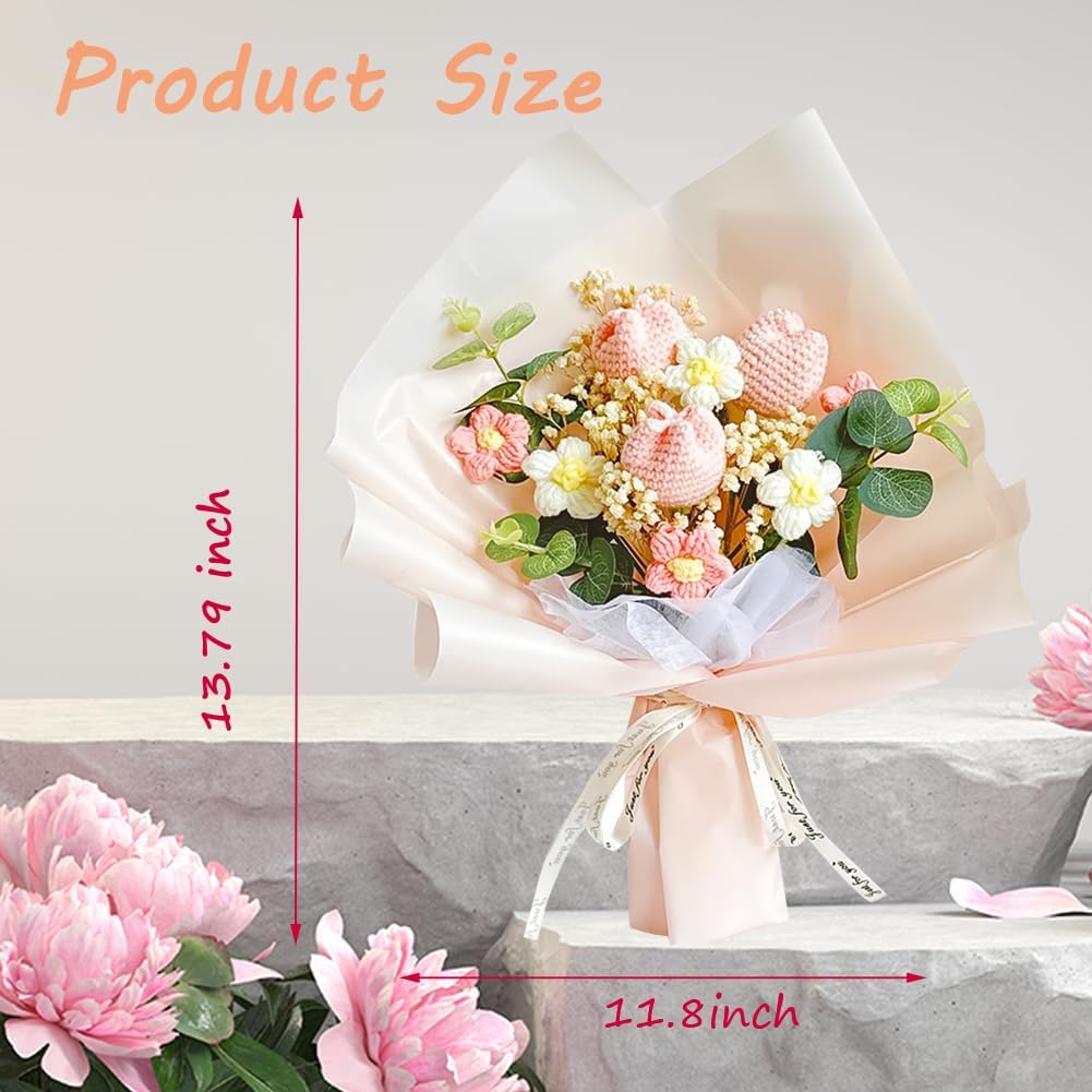 Crochet Flower Tulip Bouquet: Handmade Artificial Flower Knitted Sunflower Bouquet for Festival Wedding Graduation Anniversary (Pink) - Image 2