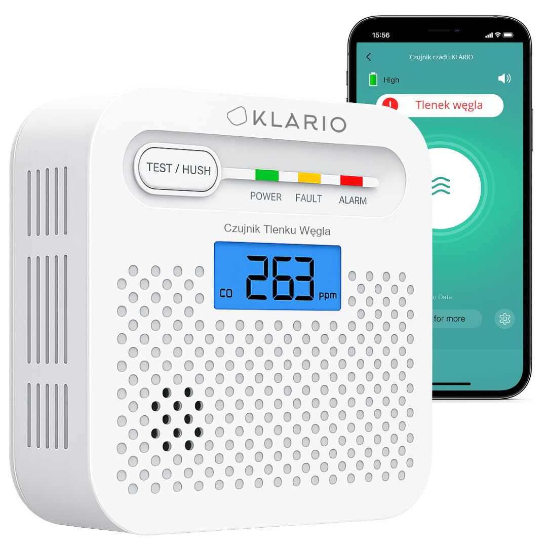 Czujnik Czadu Tlenku Węgla CO WiFi z Aplikacją Tuya SmartLife, Bateria 10 lat, Alarm 85 dB Wyświetlacz LCD Certyfikat EN50291 Bezprzewodowy Detektor CO do domu i mieszkania KLARIO