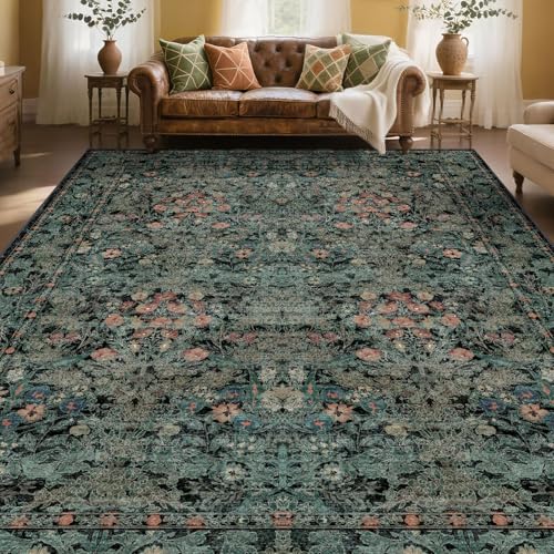 Boho Dark Green Floral Rug 8x10