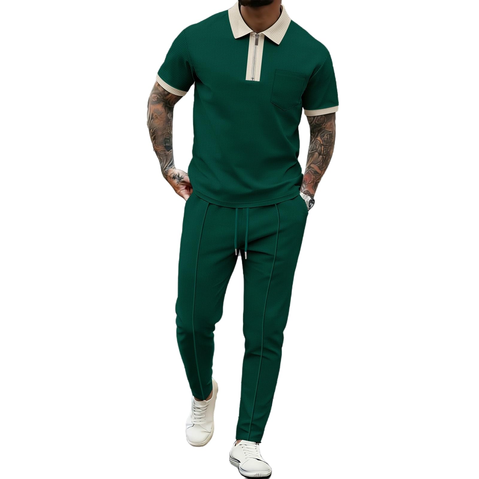 Completo da passeggio da uomo, 2 pezzi, maglietta a maniche corte, pantaloni lunghi, top e pantaloni