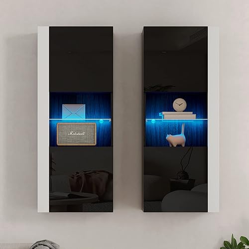 AMERLIFE 2 gabinetes de almacenamiento de pared con luces LED, modernos armarios flotantes de alto brillo con 4 puertas y estantes de vidrio