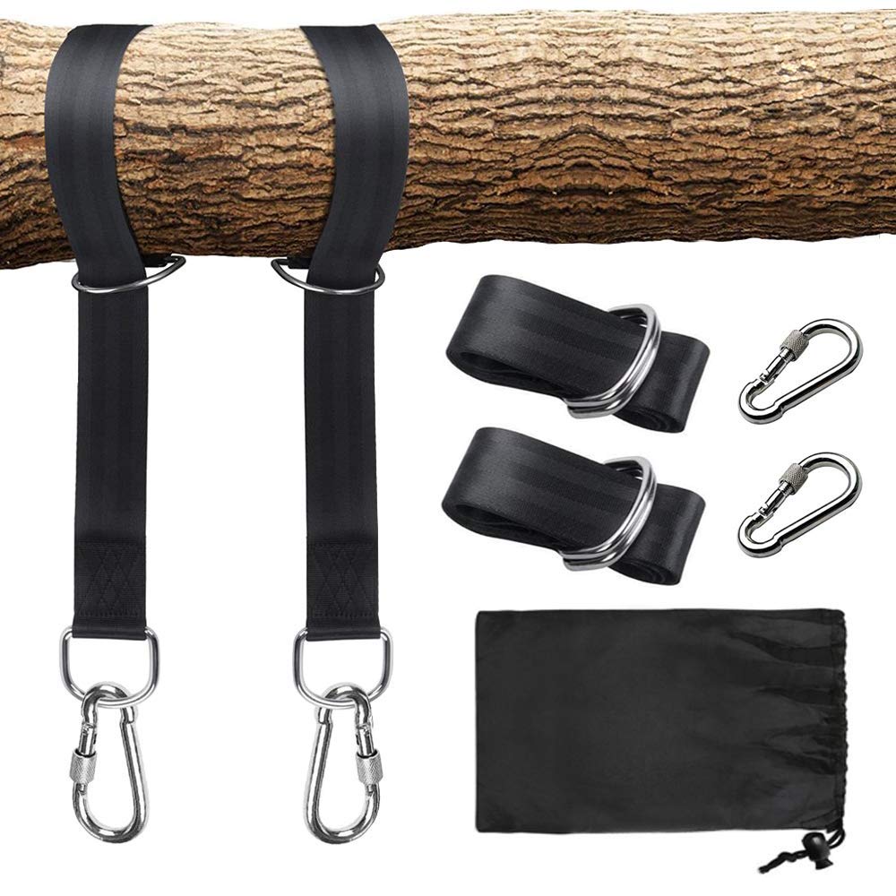 EKVINOR Tree Swing Hanging Straps Kit (Set of 2), Tree Hanging Kits 5ft Length with 2 Heavy Duty Safety Lock Carabiner Hooks, Holds Max 2000 lbs, Perfect for Tree Swing & Hammocks - Black