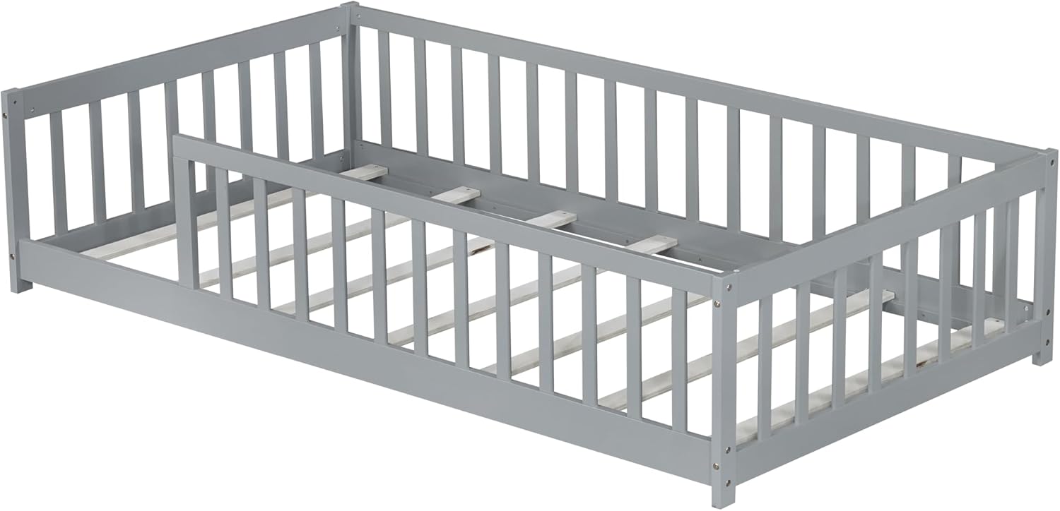 Bellemave Twin Floor Bed with Slats and Guardrails, Wood Montessori Floor Beds with Fence, Easy Assemble Floor Bed for Kids, Girls, Boys, Gary
