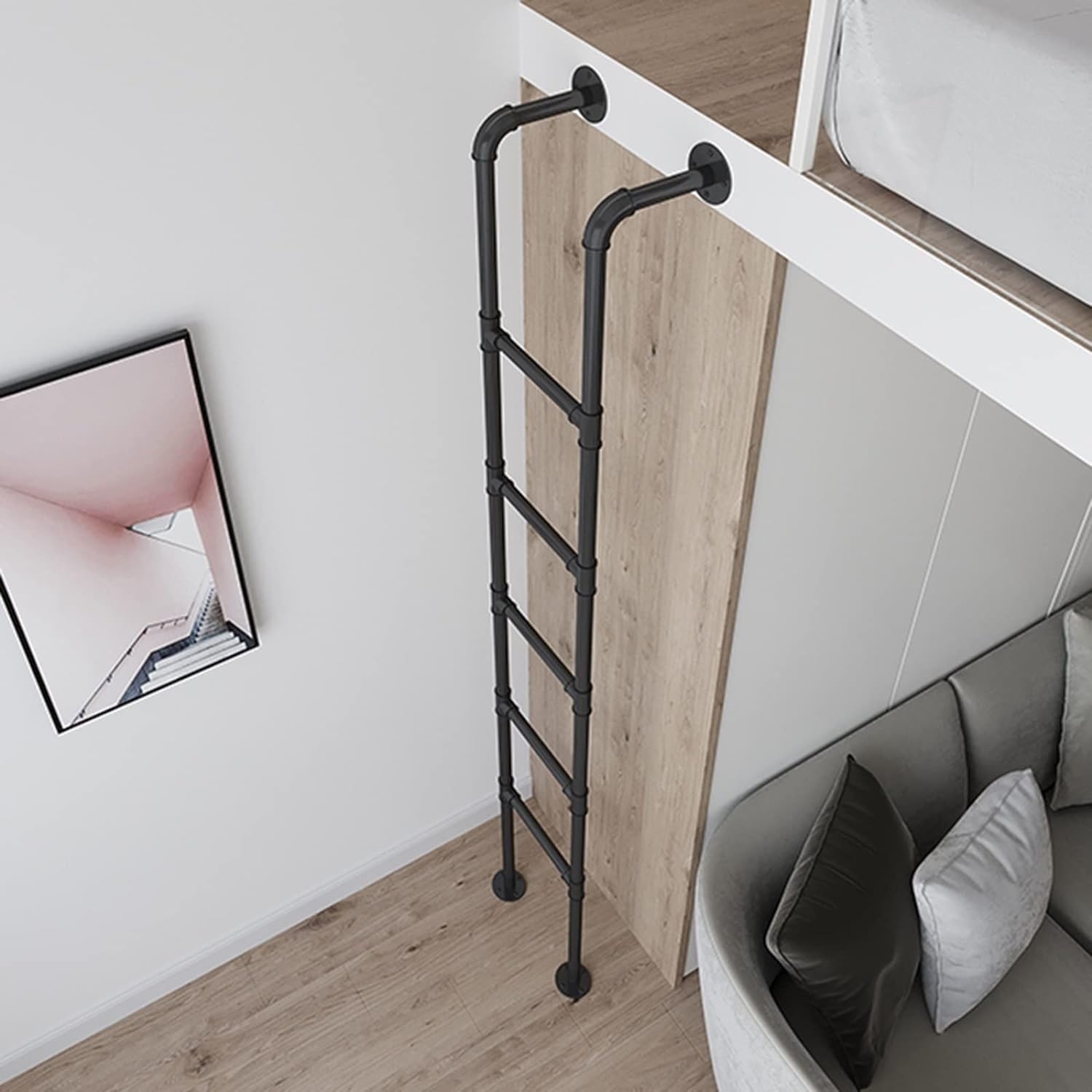 Lit mezzanine en fer forgé avec il et kit d'escalier pour petite maison, chambre à coucher, bibliothèque, camping-car, bateau, quai ou placard avec vis 145 cm, noir