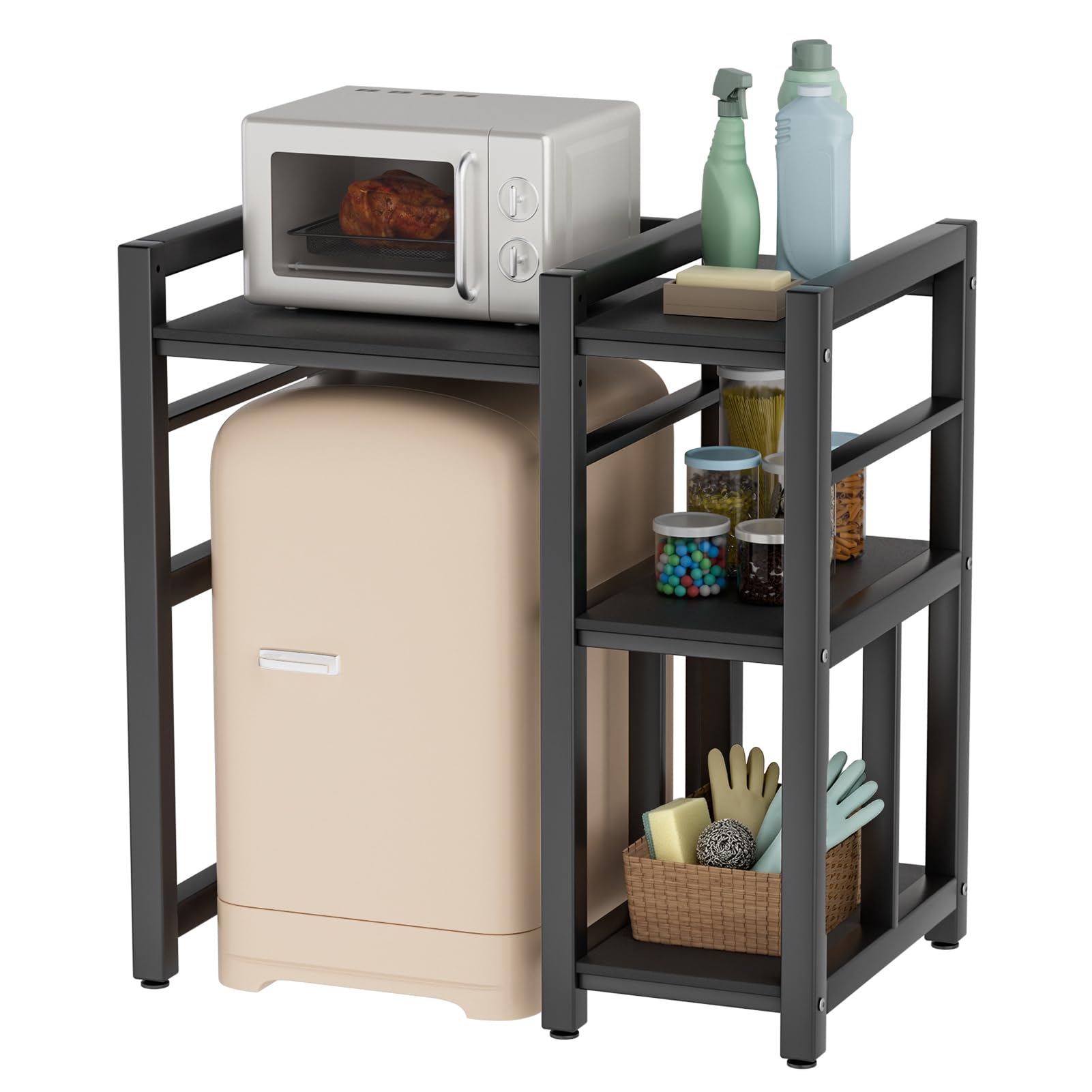 Washer Dryer Stacking Rack, Heavy Duty Over Washer Dryer Shelves with Side Storage, 3 Height Adjustable Washing Machine Stand, 300KG Capacity for Laundry Room Bathroom Black