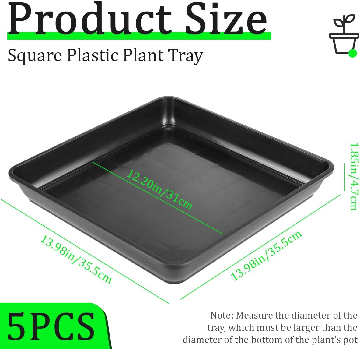 5Pcs Square Plastic Plant Saucer 13 Inches Flower Pot Bottom Seat Flower Pot Tray Thick Plastic Drip Tray for Outdoor and Indoor Plant Pots（Black）