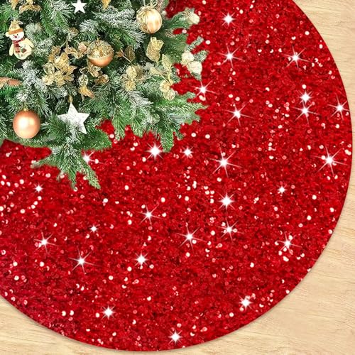 ROMANKAS Christmas Tree Skirt Red Glitter Tree Skirt 36 Inch Sequin Xmas Tree Skirts Velvet Christmas Tree Mat Rustic Metallic Sparkle Tree Skirts Cover for Xmas Party New Year Holiday Decoration