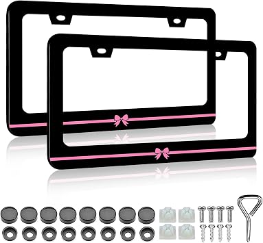 Pink Bow License Plate Frame - 2 PCS Cute Pink Bow License Plate Frames Holder, Rust-Proof Aluminum Alloy Waterproof Car Decorative Tag Frames for Standard Us 12x6 Inch