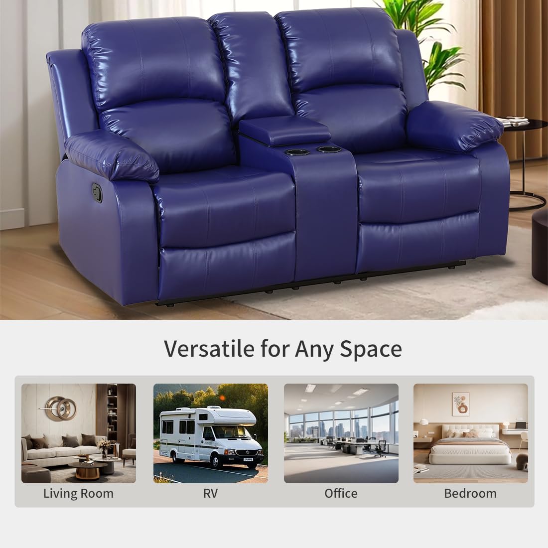 Toseslo Manual Recliner Loveseat Set, Living Room Furniture Sets, 2 Seater Modern Reclining Couches, Blue Leather Reclining Couch Sets with Storage Console/Cup Holder for Living Room/Apartment view 6