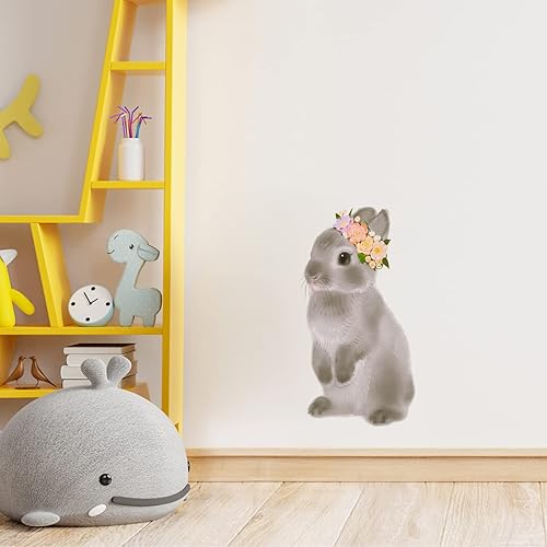 Miniatura 3 de Calcomanía de pared de conejo gris con flores, para guardería, conejo, animal, extraíble, despegar y pegar, impermeable, decoración de pared para