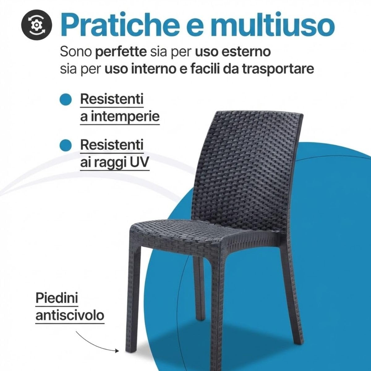 Tomaino - Set Tavolo e Sedie per Esterno in Plastica Effetto Rattan - Set Elba 1 Tavolo Quadrato con 4 Sedie Impilabili da Giardino, Terrazzo, Balcone per Bar e Ristoranti