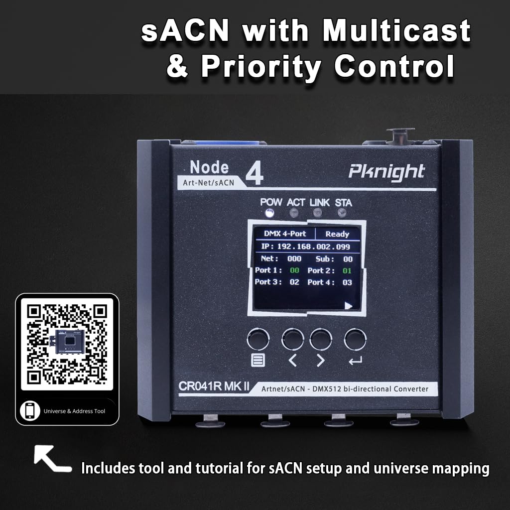 Pknight Convertitore Art-Net/sACN DMX512 a 4 porte bidirezionale, un nodo compatto con PowerCON, PoE e USB-C per l’illuminazione scenica – CR041R MK II