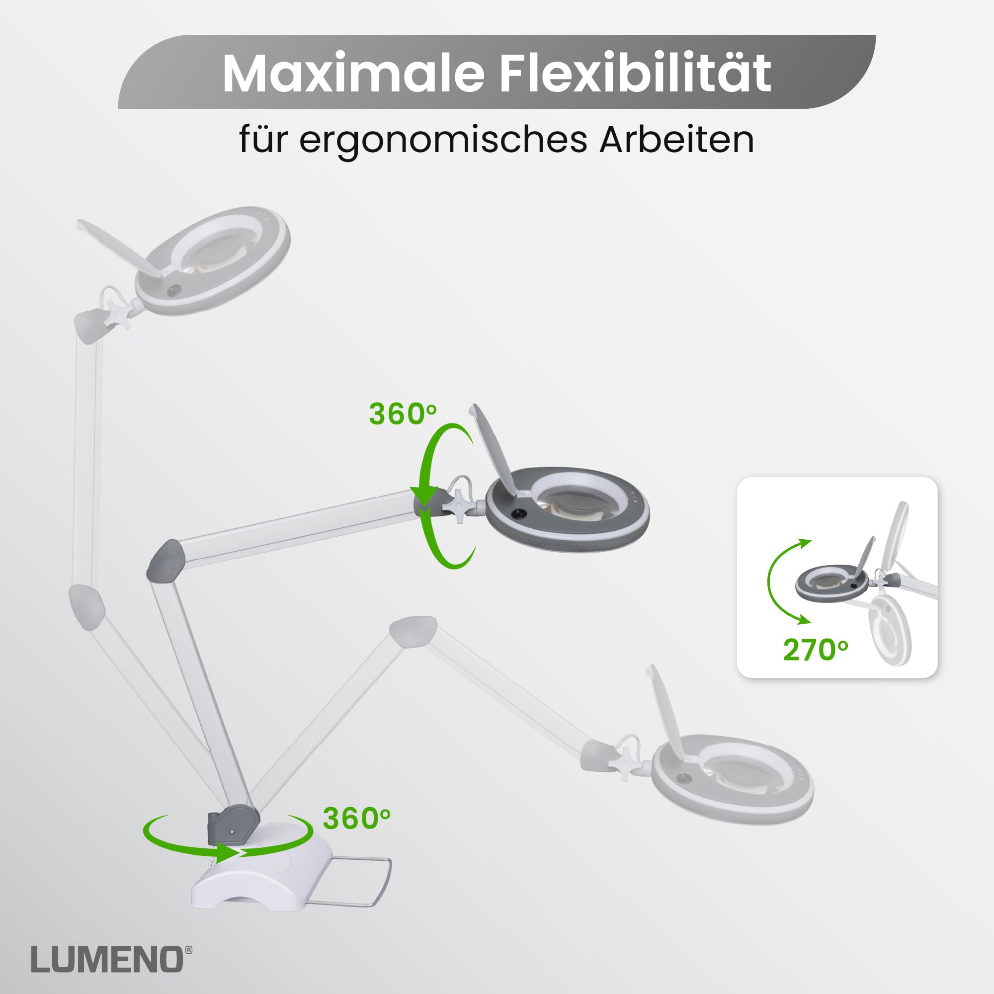Lumeno 8215GR LED Lupenleuchte Arbeitsplatzleuchte Kosmetiklampe, einstellbare Helligkeitsstufen, kristallklare 127 mm Glaslinse, Lesehilfe/Lupe, 5 Dioptrien mit Tischfuß