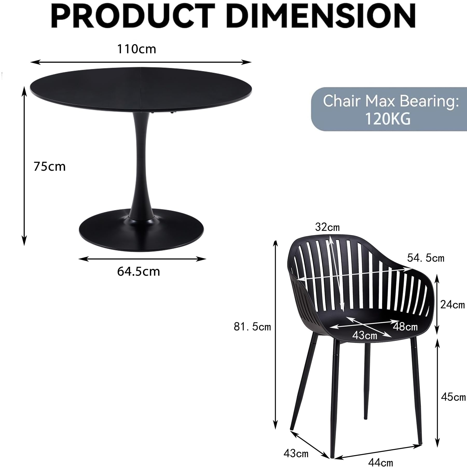 GrandCA HOME Set Tavolo e Sedie da Pranzo Moderno, Tavolo Rotondo da 110CM con 4 Sedie, Gambe in Metallo Nero, Adatto per Soggiorno, Balcone, Giardino (Nero)