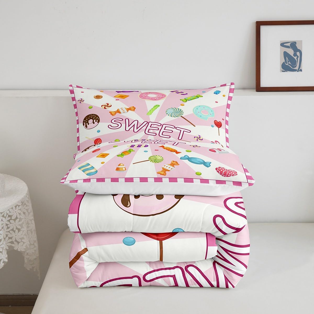 Castle Fairy Sweet Candy Comforter Twin,Watercolor Cartoon Doughnut Lollipops Quilt Comforter with 1 Pillowcase Super Soft,Abstract Patchwork Bedding Set Comfortable,Soft and Breathable