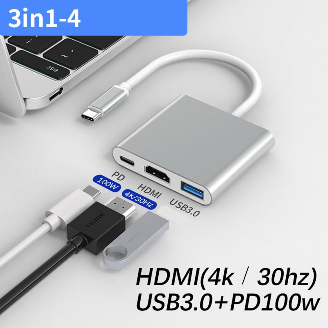 Adaptateur Multiport USB C HDMI 4K USB 3.0 Charge USB C pour MacBook Pro Chromebook HP Samsung S9+