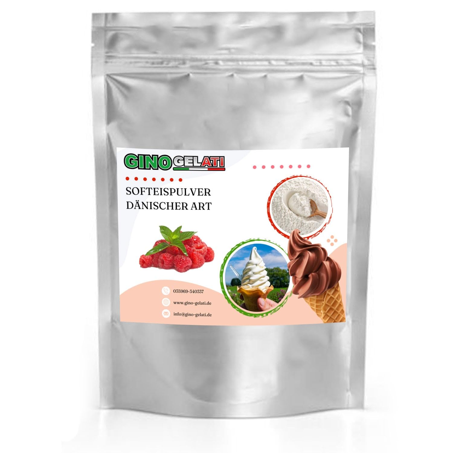 Gino Gelati Dänisches Softeis Pulver, fruchtiger Geschmack, verschiedene Geschmacksvarianten, schnell und einfach Zubereitet, Made in Germany, Eis selber machen (10 Kg, Himbeere)