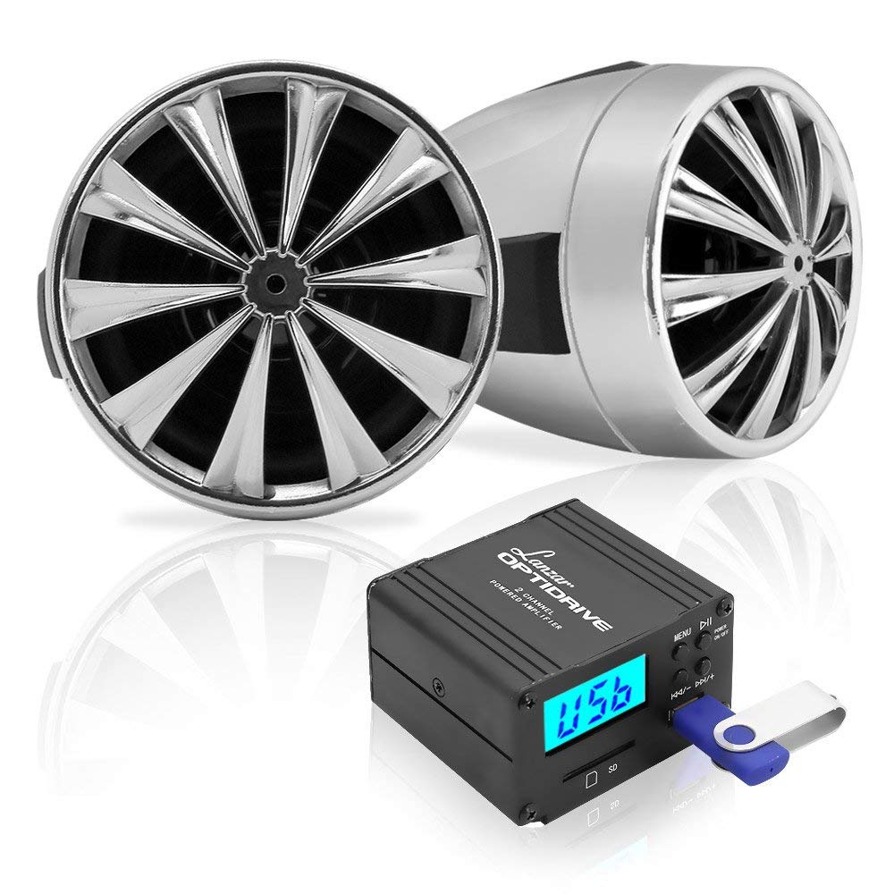 3” Motorcycle Speaker Amplifier System - 700 Watt Weatherproof w/Two 3" Waterproof Speakers, AUX in, FM Radio, USB Charger - Handlebar Mount ATV Mini Stereo Audio Receiver Kit Set OPTIMC80