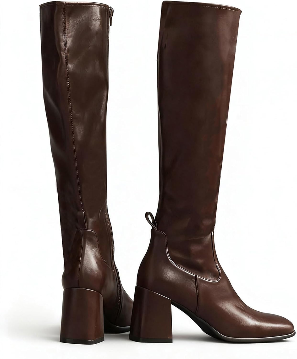 RJYLP Womens Brown Knee High Boots Square Toe Chunky Heel Tall Boots Fashion Party Wide Calf Long Boots with Side Zipper - Image 6