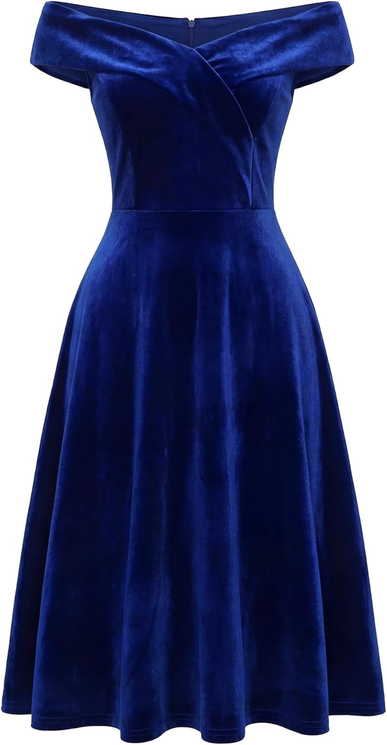 Women's Velvet Dress Valentine's Day Off The Shoulder Wedding Cocktail Evening A-Line Dresses
