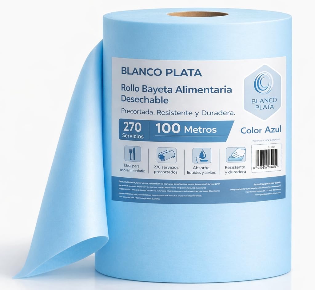 Rollo Bayeta Alimentaria Desechable. Precortada. Resistente y Duradera. 270 Servicios 100 Metros - Color Azul