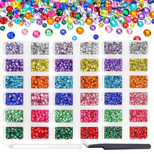 7500PCs 3MM 4MM 5MM Mix Color Series Resin Flat Back Rhinestones, Round Non Hotfix Silver Bottom Resin Rhinestones Nail Gems Stones with Tweezer & Picker Pen for Nail Art Tumblers & DIY Crafts