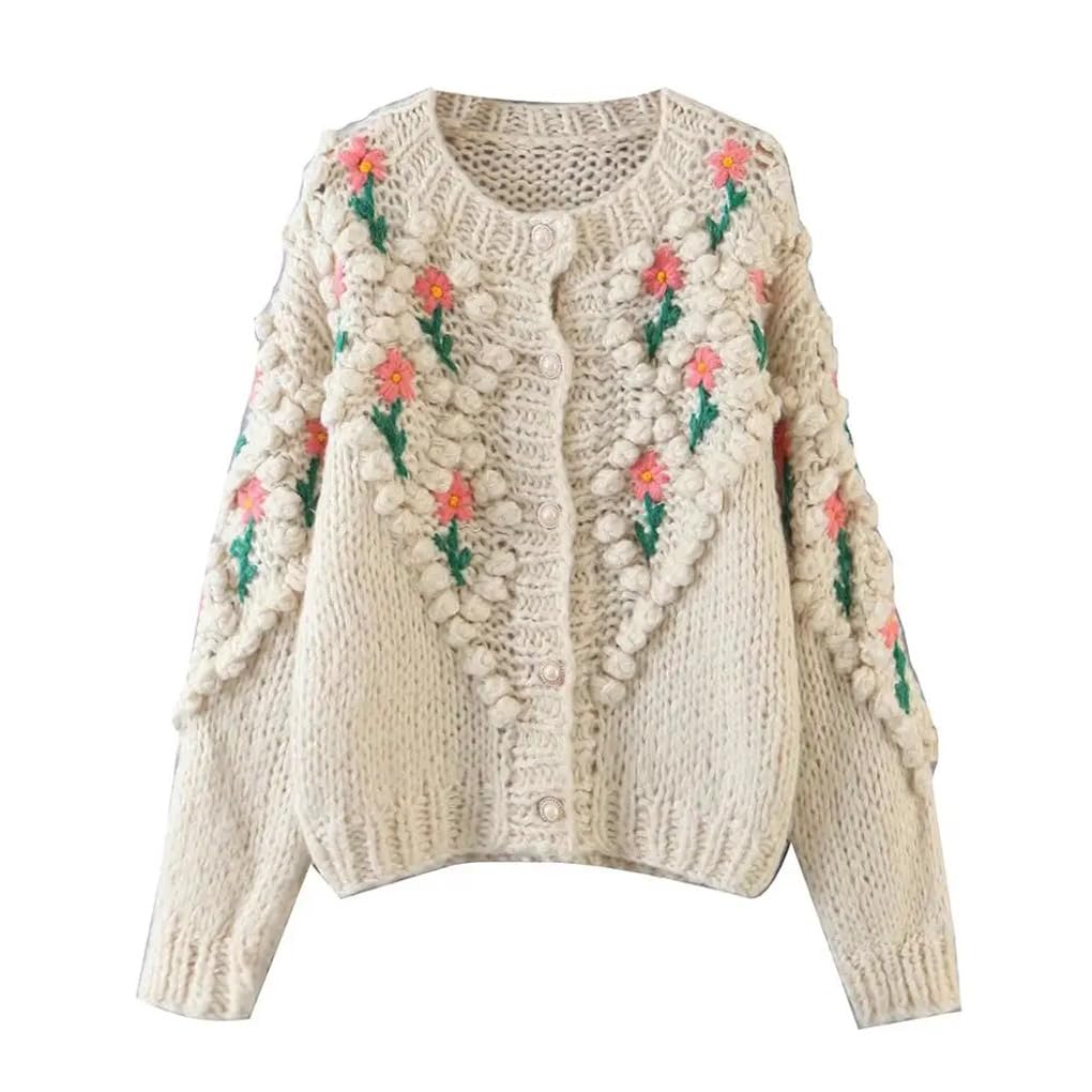 Dninmim Cárdigan suelto de punto de manga larga con cuello redondo para mujer, suéter vintage retro con flores