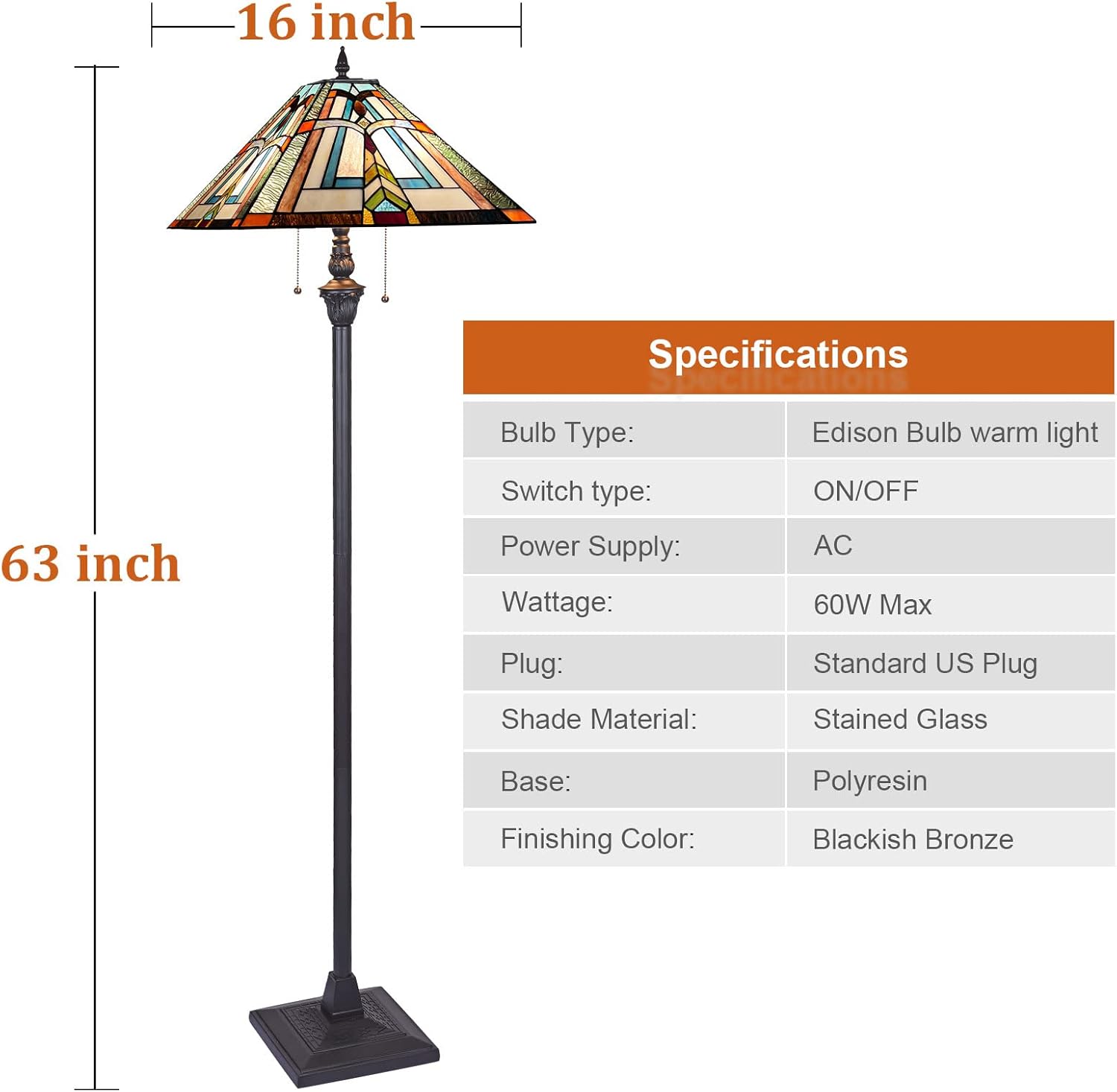 Tiffany Floor Lamp for Living Room,Antique Style Tall Standing Lamp,Mission Stained Glass Lamp Shade,Pole Light for Bedroom Office