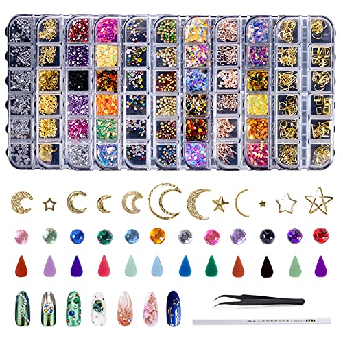 10 Boxes Nail Art Rhinestones, Nail Art Supplies, Nail Art Studs, Nail Gems, Nail Art Crystal, Nail Jewels Nail Diamonds, Nail Sequins with Tweezers and Pens for Nail Art DIY Crafts, Phones, Bags