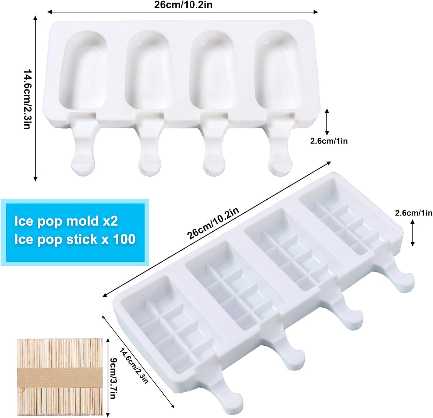 2 pcs Popsicle Molds, Large 4 Cavities Cake Pop Silicone Molds Ice Cream Cakesicle Molds for DIY Popsicle with 100 Wooden Sticks