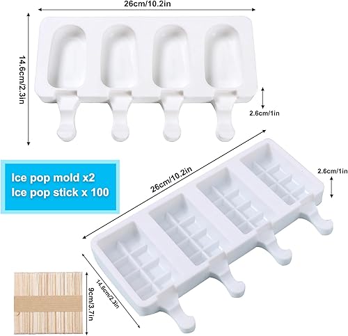 Miniatura 2 de 2 moldes para paletas, moldes de silicona grandes de 4 cavidades para tartas, moldes de helado para paletas de bricolaje con 100 palos de madera