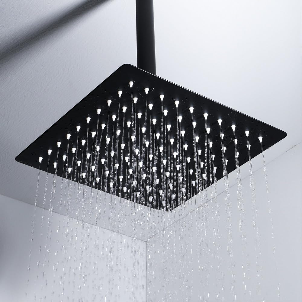 Cuadrado de Ducha Lluvia, Alta Presión Rociador Ducha de Acero Inoxidable, Alcachofa de Ducha Ahorro de Agua con boquillas antical, Fácil de Instalar, Negro, G1/2