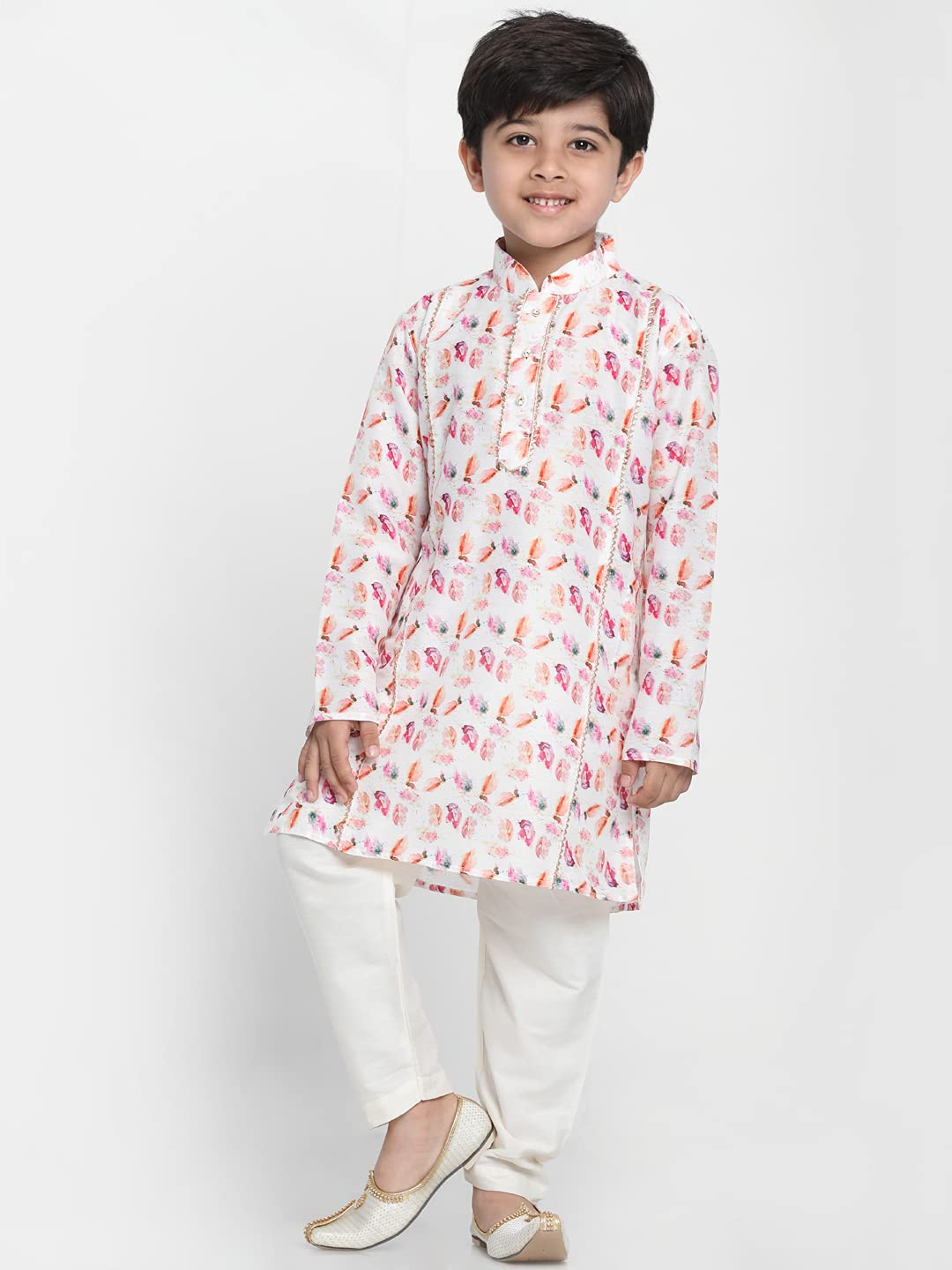 Vastramay Boys White Linen Cotton Kurta Set for Independence Day Celebrations- Digital Floral Print Ethnic Wear with Mandarin Collar - Image 7 thumbnail