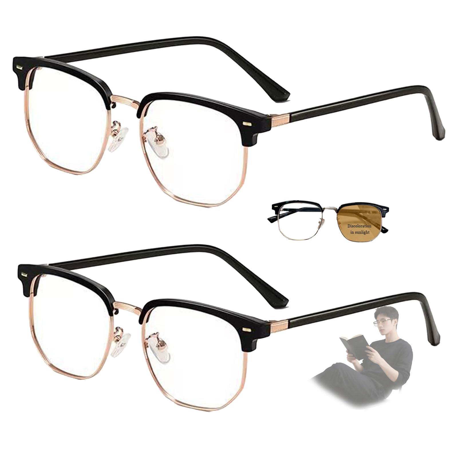 Blue Light reading Glasses for Man women Half Frame Metal Readers Photochromic Anti-UV magnifying