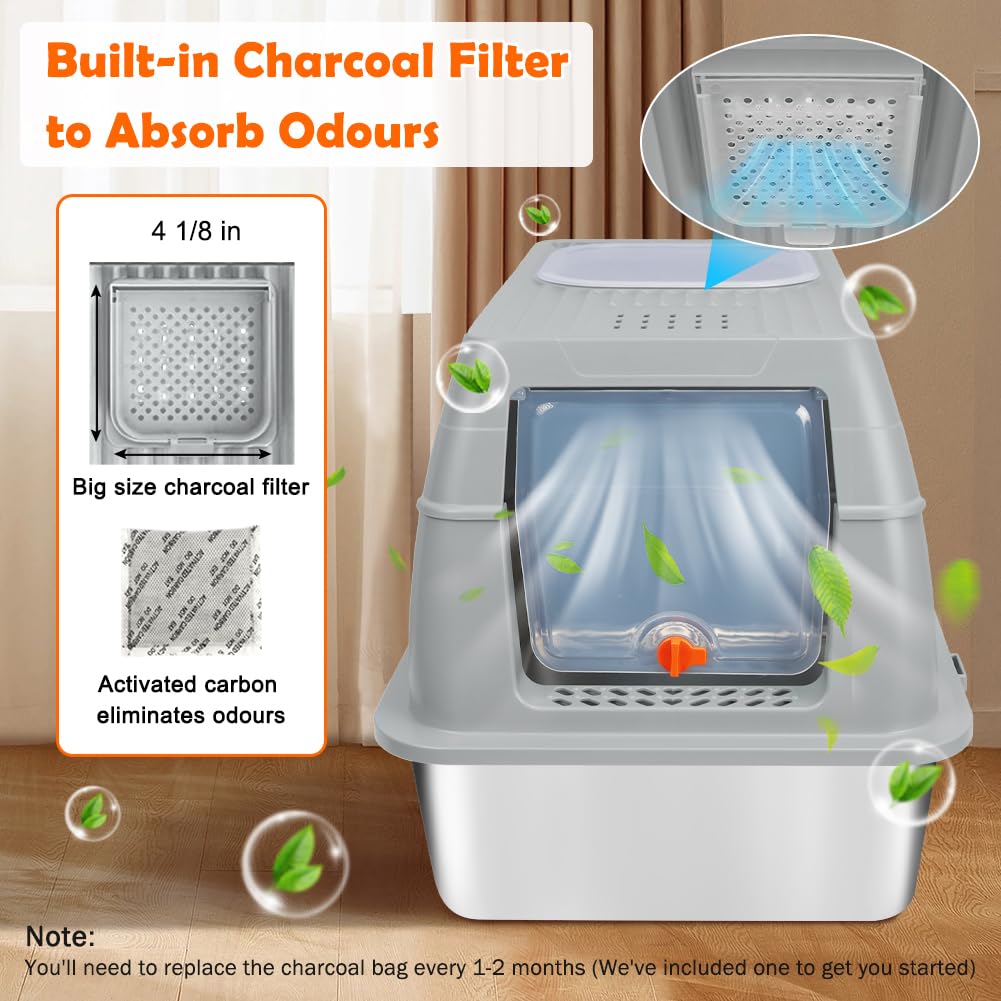 SZEE XL Stainless Steel Litter Box, Top Exit Design, Non Stick, No Smell, Easy Cleaning, Activated Charcoal Odor Control Design, Half/Fully Enclosed Design, Footboard, Trapping Mat & Scoop Included