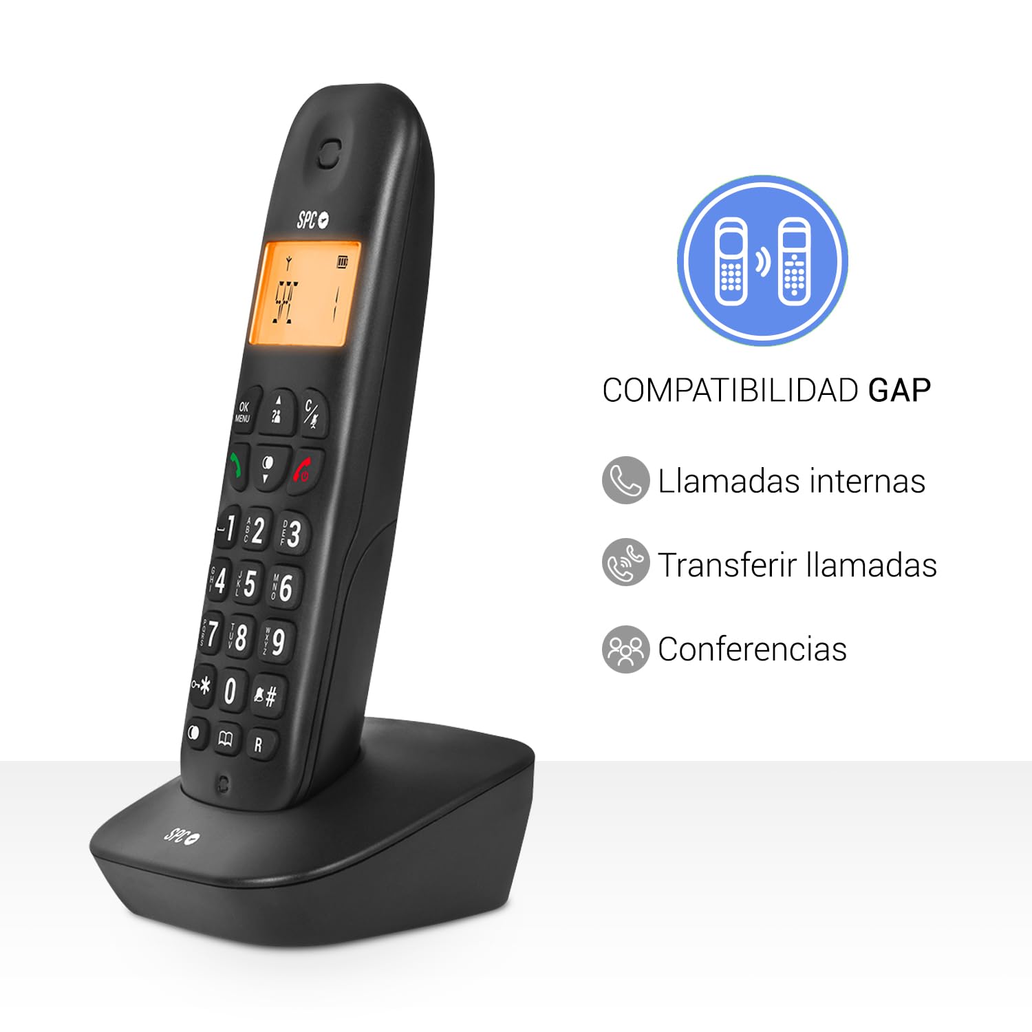 SPC Air – Teléfono Fijo inalámbrico con Pantalla iluminada, identificador de Llamadas, Agenda 20 contactos, Modo Mute, 5 melodías Disponibles, compatibilidad Gap y Modo Eco - Negro - 5