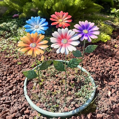 Image of 5Pack Metal Flowers for Outside，16.5 Inch Metal Flowers Decorative Garden Stakes for Spring Decor, Shaking Head Yard Art Garden Decorations for Outdoor Lawn Porch Pathway