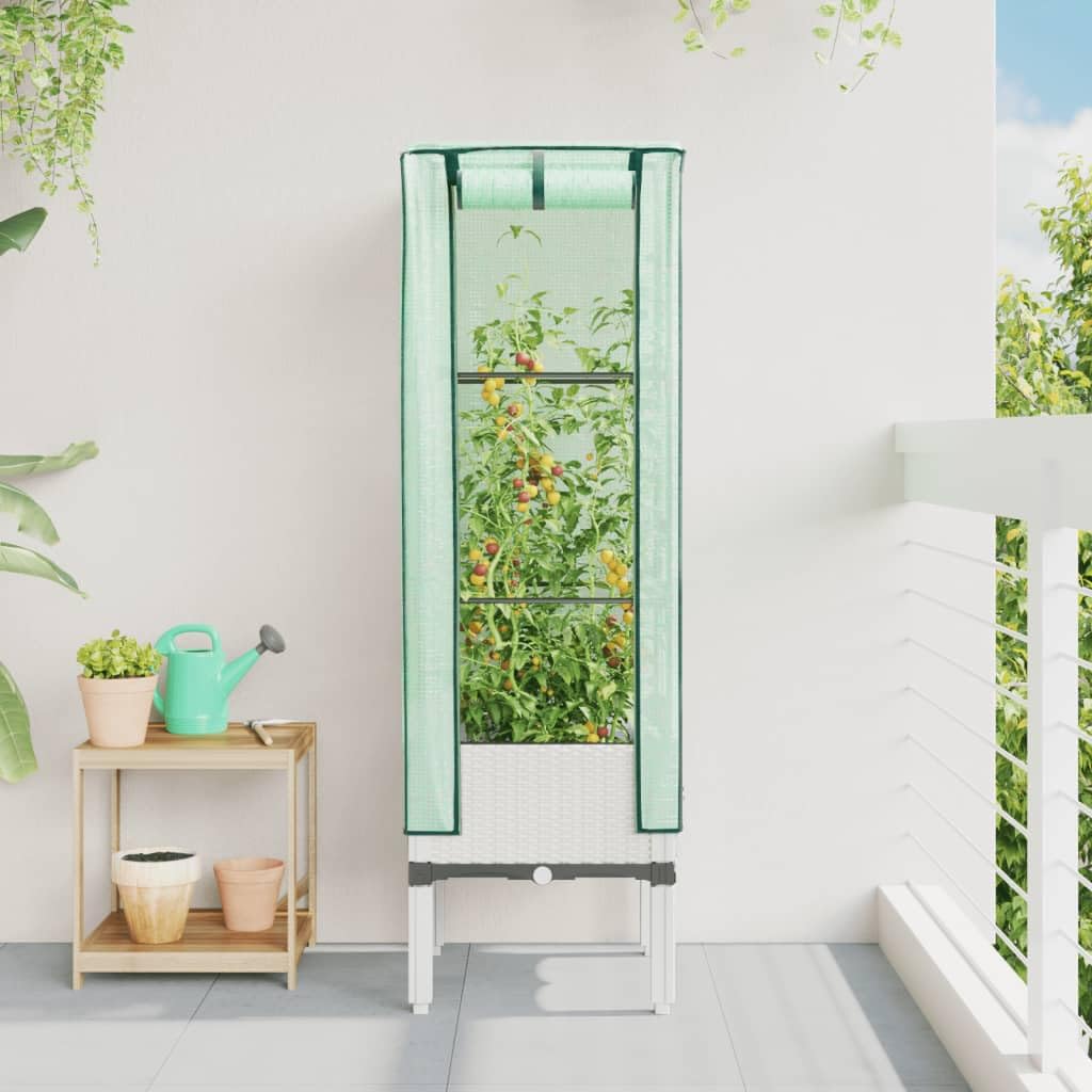 Homgoday Bancal alto con accesorio de invernadero, jardinera, jardinera, jardinera, jardinera, jardinera, para balcón, jardín, terraza, aspecto de ratán, 40 x 40 x 140 cm, color blanco