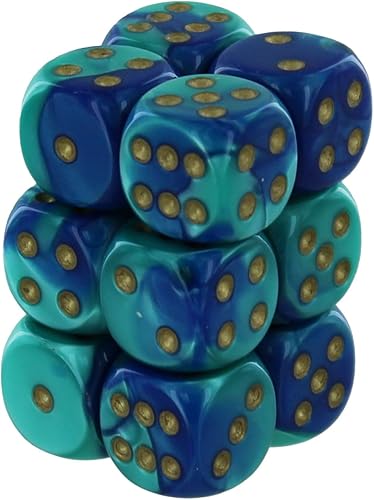 Chessex DND - Juego de dados poliédricos de plástico Géminis de 0.63 pulgadas, color azul, verde azulado y dorado, incluye 12 dados – D6 CHX26659,