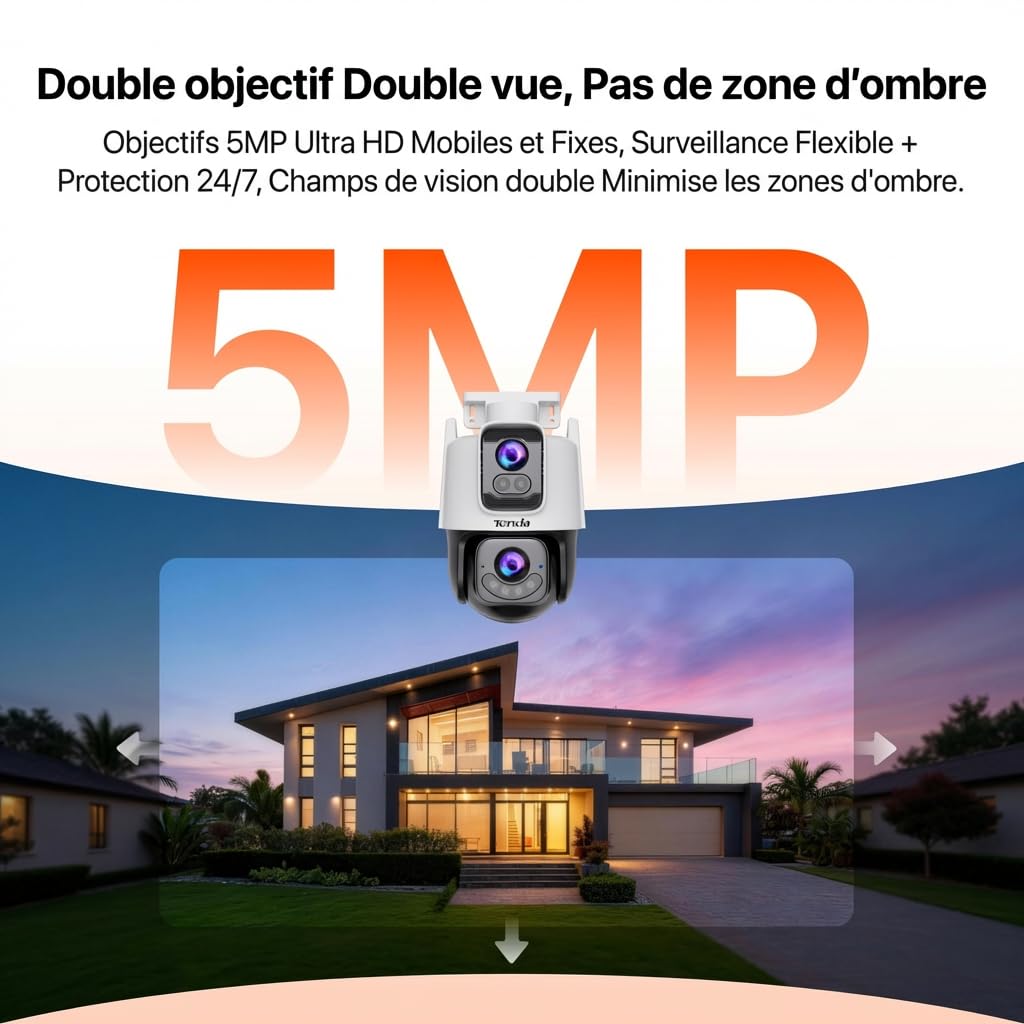 Tenda Caméra de Surveillance Extérieure 5MP+5MP, Détection IA, Vision Nocturne Couleur à 360°, Audio Bidirectionnel, Caméra WiFi Extérieure IP65 avec Alarme de Franchissement de Zone, Stockage Local s