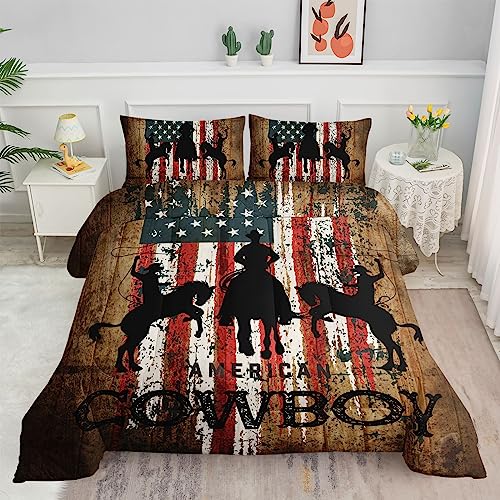 Datura Home Western Cowboy Comforter Bedding Set for Kids, Teens, Adults - Farm Life American Flag Printed Comforter With 2 Pillowcases (Twin)
