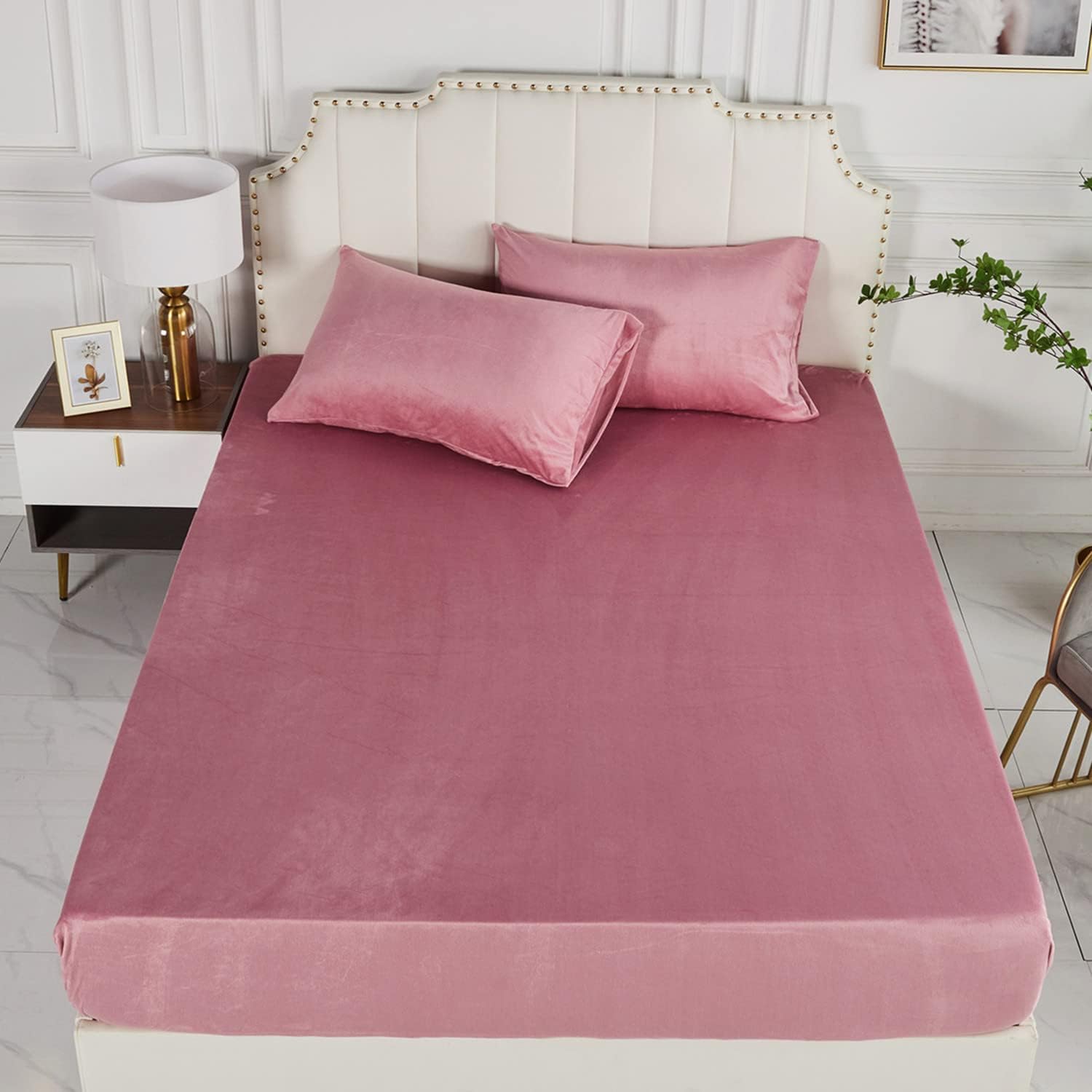 NORCH Pink Teddy Fleece Flanell Crushed Velvet Fitted Sheet Double 36cm