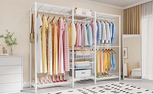 Uptyia Armario Abierto para Ropa, Burro de Ropa Resistente con Estantes, Perchero de Pie Metálico para Dormitorio o Vestidor, Blanco, 182x155x40cm - imagen 7