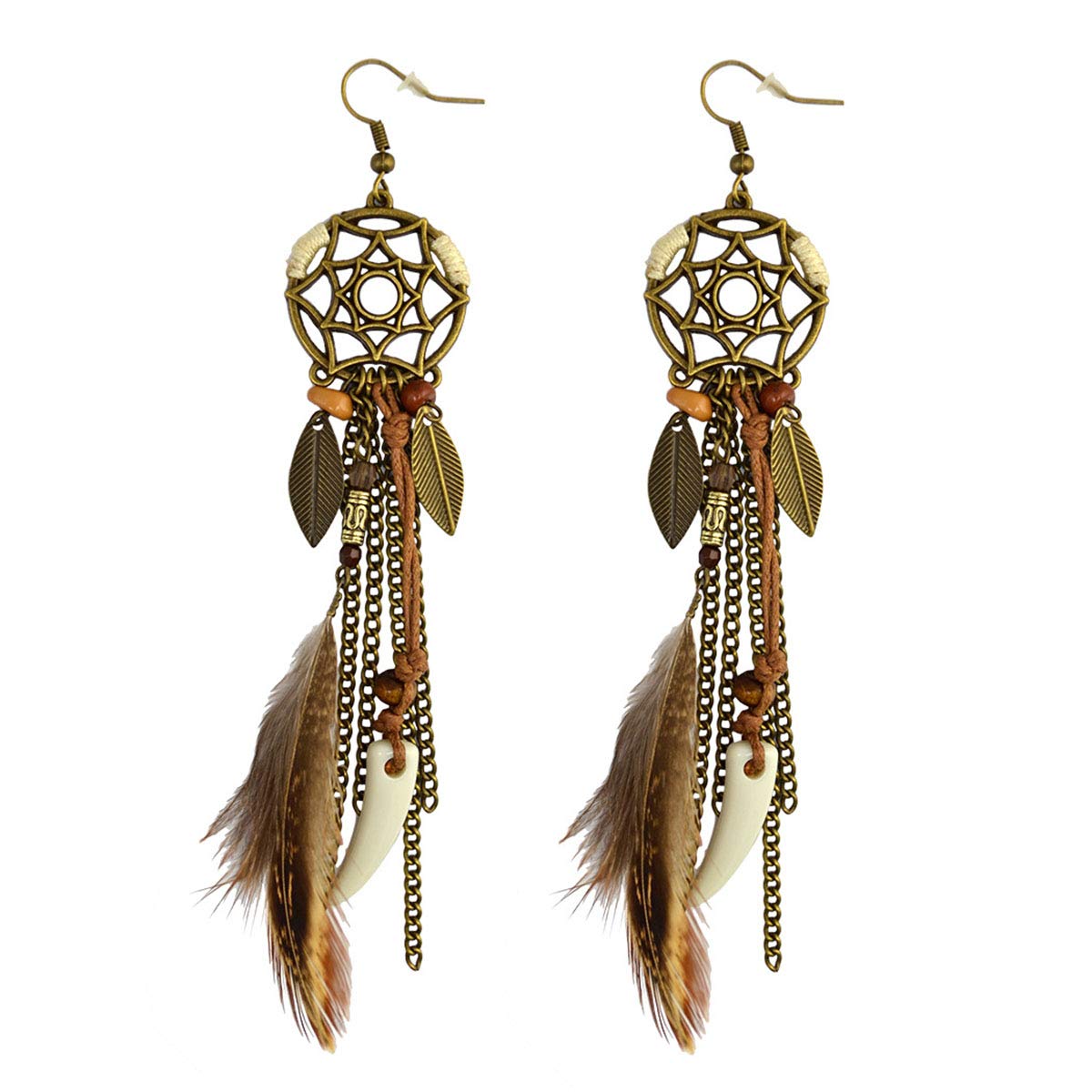 Vintage Ethnic Long Tassel Feather Beads Dream Catcher Drop Earrings Punk Wolf Tooth Pendant Bohemia Dreamcather Earring