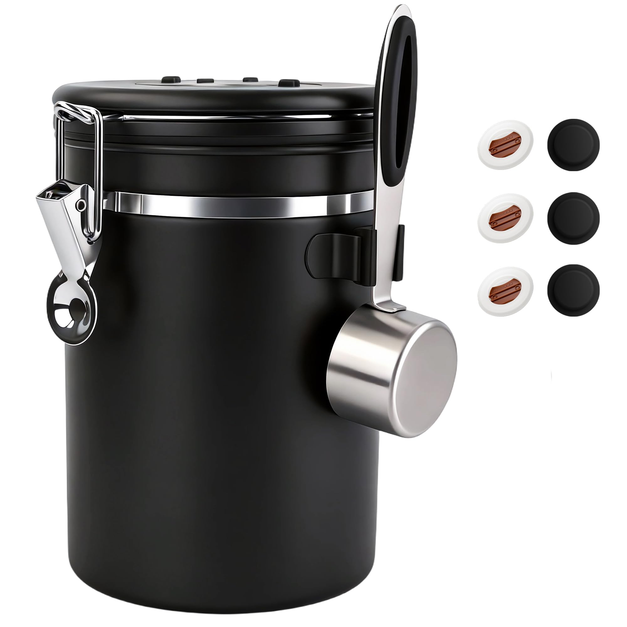 ShanSon Coffee Canister Airtight, Stainless Steel Bean Storage Container with Date Tracker &amp; Scoop, Grounds Sugar Flour Tea Cereal Fits Kitchen Pantry, Ideal Gift for Coffee Lovers,22oz, Black