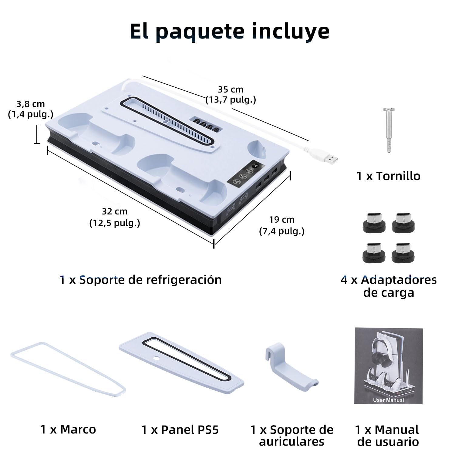 Soporte de Refrigeración para PS5 / PS5 Slim / PS5 Pro, Soporte para PS5 Vertical Ventiladores de Refrigeración y Estación de Carga de Dual Dontrolador, 3 USB, Soporte para Auriculares