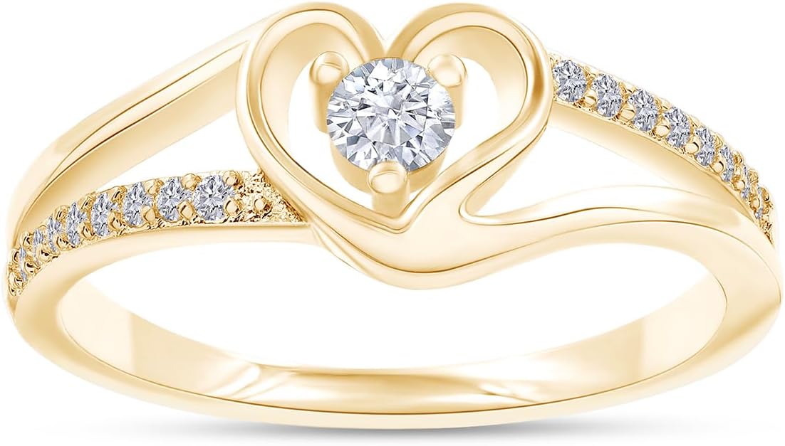 SAVEARTH DIAMONDS Heart Promise Ring for Women with Lab Created Moissanite Split Shank Engagement Ring, Heart Shape Jewelry in 18K Gold Plated Gift For Her