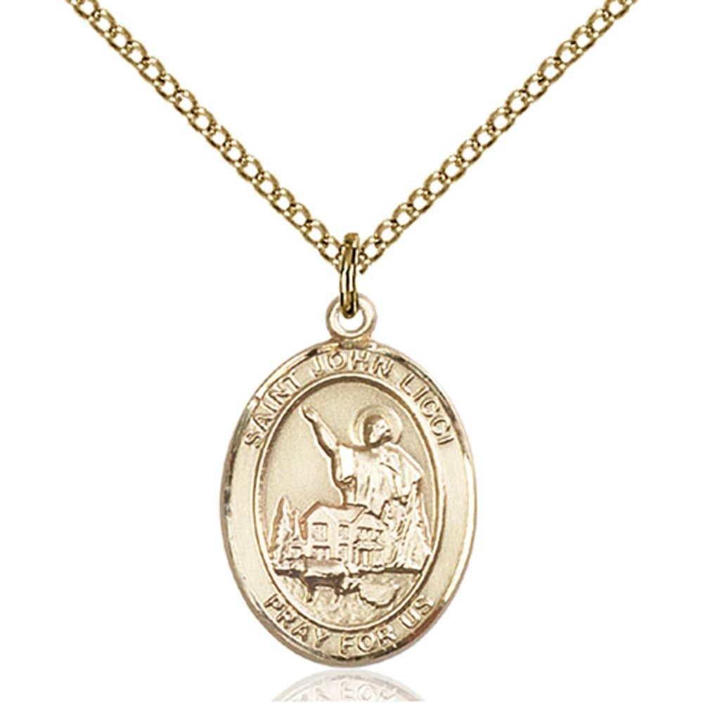 Bonyak Jewelry Saint Medal Collection Custom Engraved Gold Filled St. John Licci Pendant 3/4 x 1/2 inches with Gold Filled Lite Curb Chain