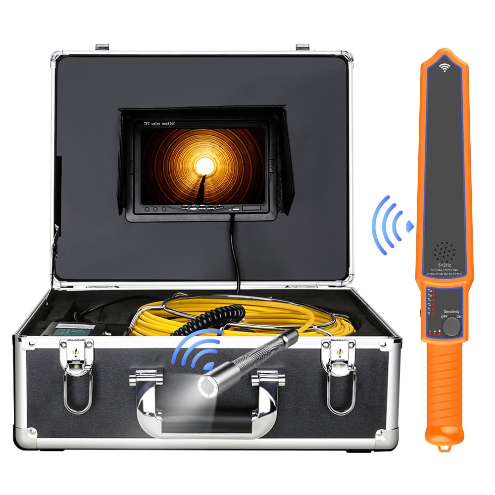 GAMWATER7'' Monitor DVR Sewer Pipe Inspection Video Camera with Auto Self Leveling 512HZ Pipe Locator 22MM IP68 HD 1000TVL Camera 12PCS LED Lights